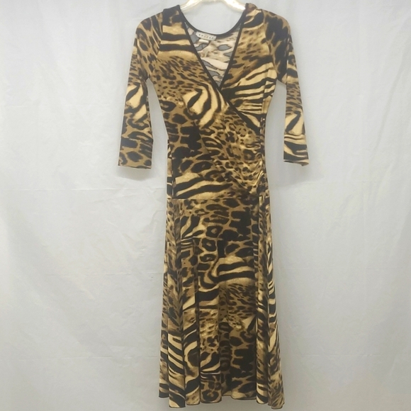 Jungle Animal Print Midi Dress Tan Black stretch 3/4 long sleeve v neck Rouched - Picture 2 of 11